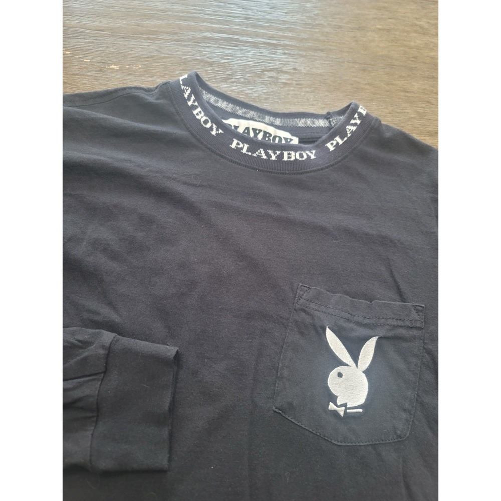 Playboy Pacsun Shirt Mens Medium Black Crewneck Long Sleeve Pocket Bunny Graphic